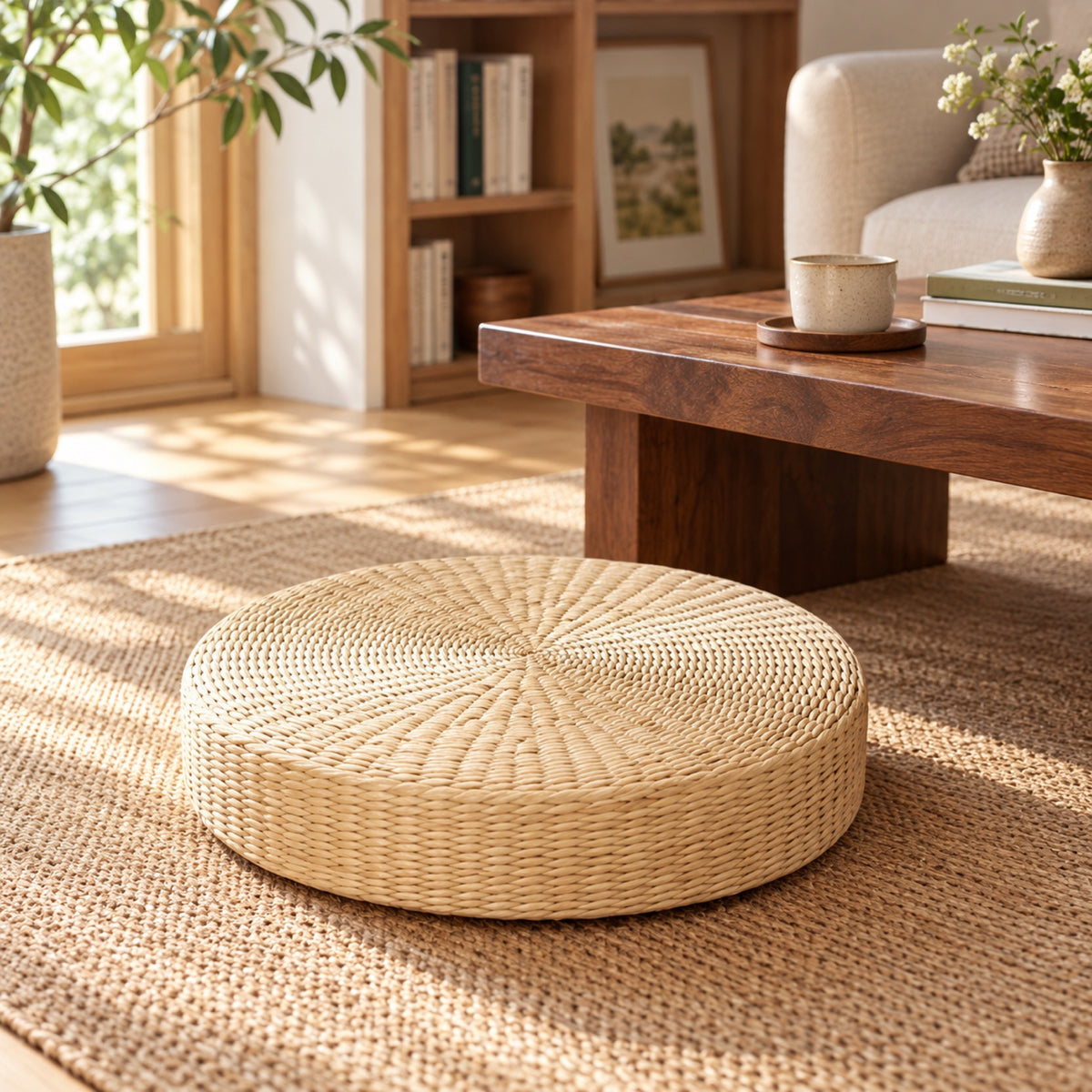 Galette de sol ronde en paille tressée, Ø 40 cm, mis en situation