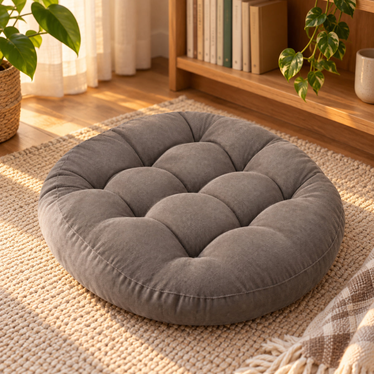 Grand coussin de sol rond en velours côtelé, Ø 55 cm, mis en situation, coloris Gris taupe