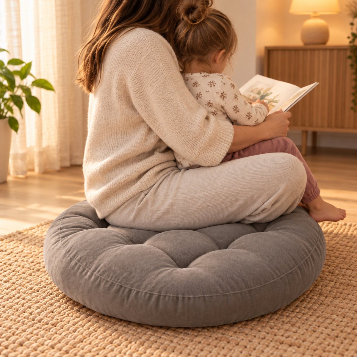 Grand coussin de sol rond en velours côtelé, Ø 55 cm, à l'usage, coloris Gris taupe