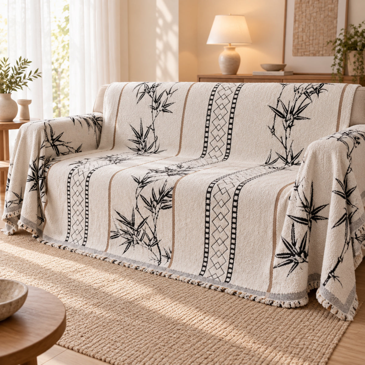 Jeté de canapé jacquard à glands, carreaux ou bambou, vue principale, coloris Crème motif bambou