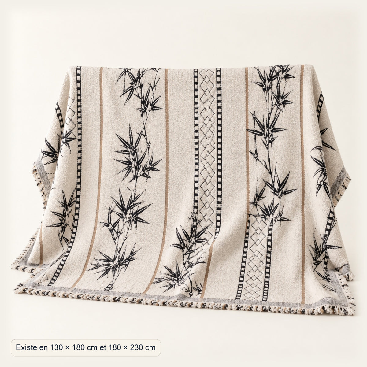 Jeté de canapé jacquard à glands, carreaux ou bambou, dimensions, coloris Crème motif bambou