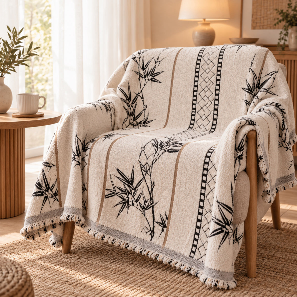 Jeté de canapé jacquard à glands, carreaux ou bambou, à l'usage, coloris Crème motif bambou