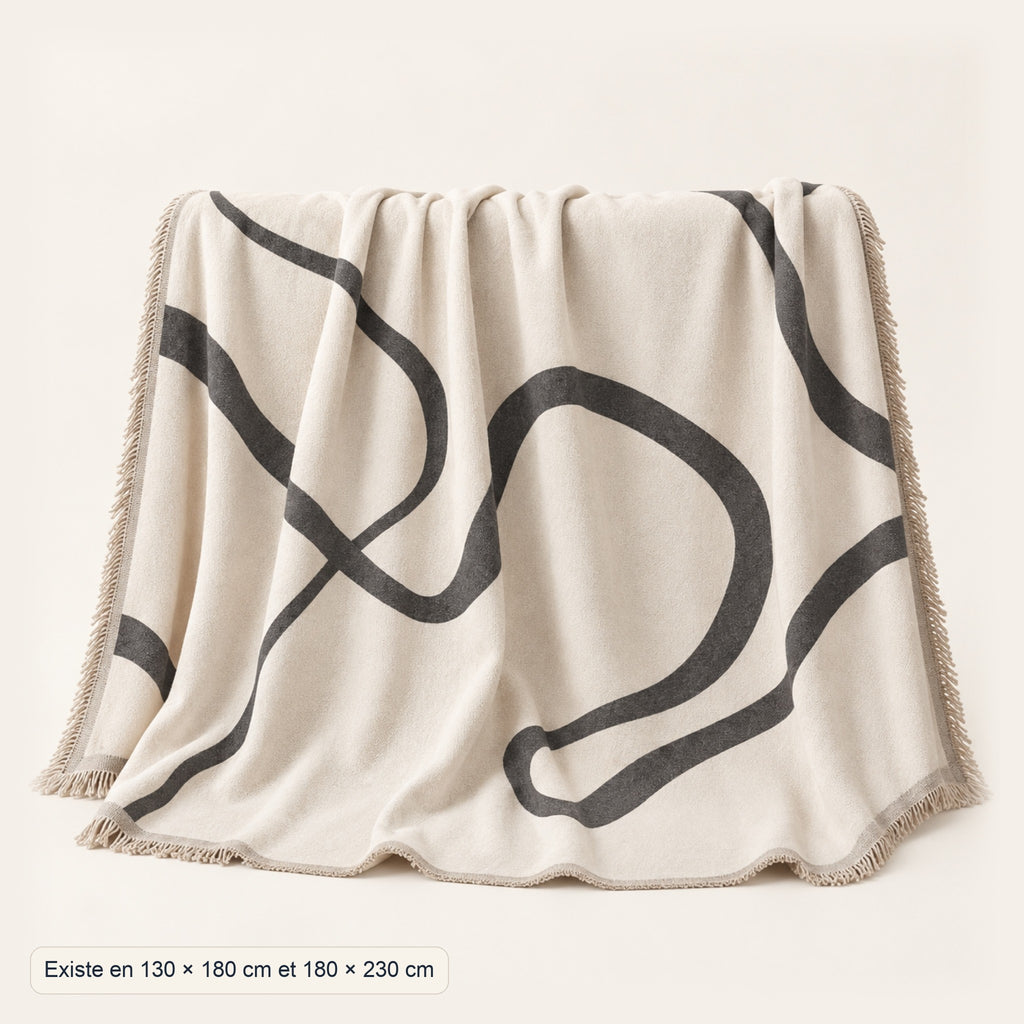 Jeté de canapé crème à lignes abstraites et franges, dimensions, coloris Lignes anthracite