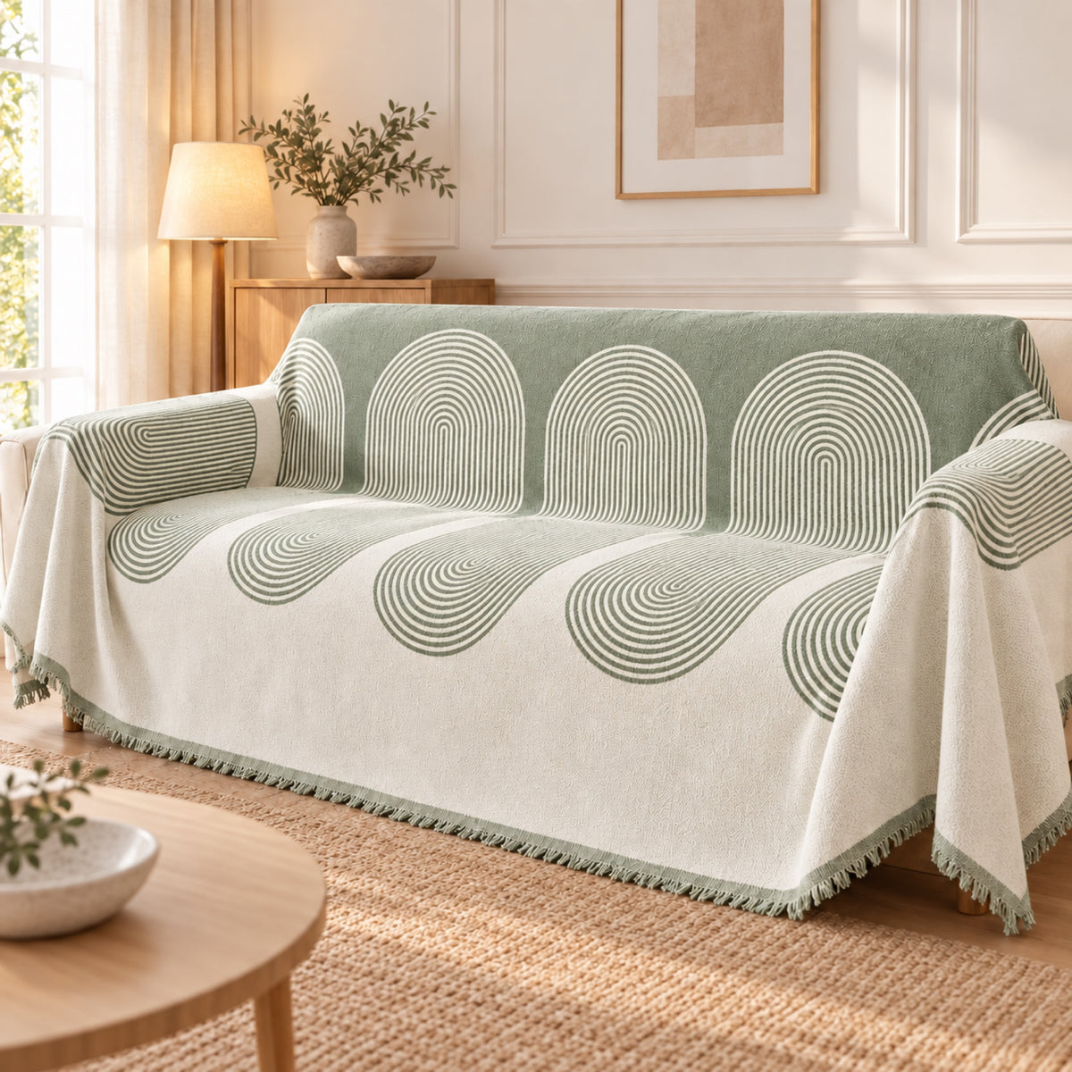Jeté de canapé jacquard à motif arches et franges, coloris Vert sauge