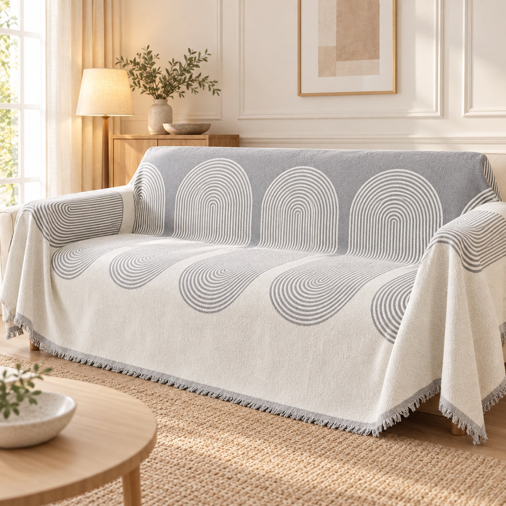 Jeté de canapé jacquard à motif arches et franges, vue principale, coloris Gris