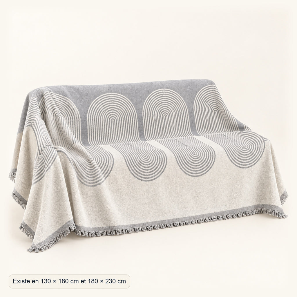 Jeté de canapé jacquard à motif arches et franges, dimensions, coloris Gris
