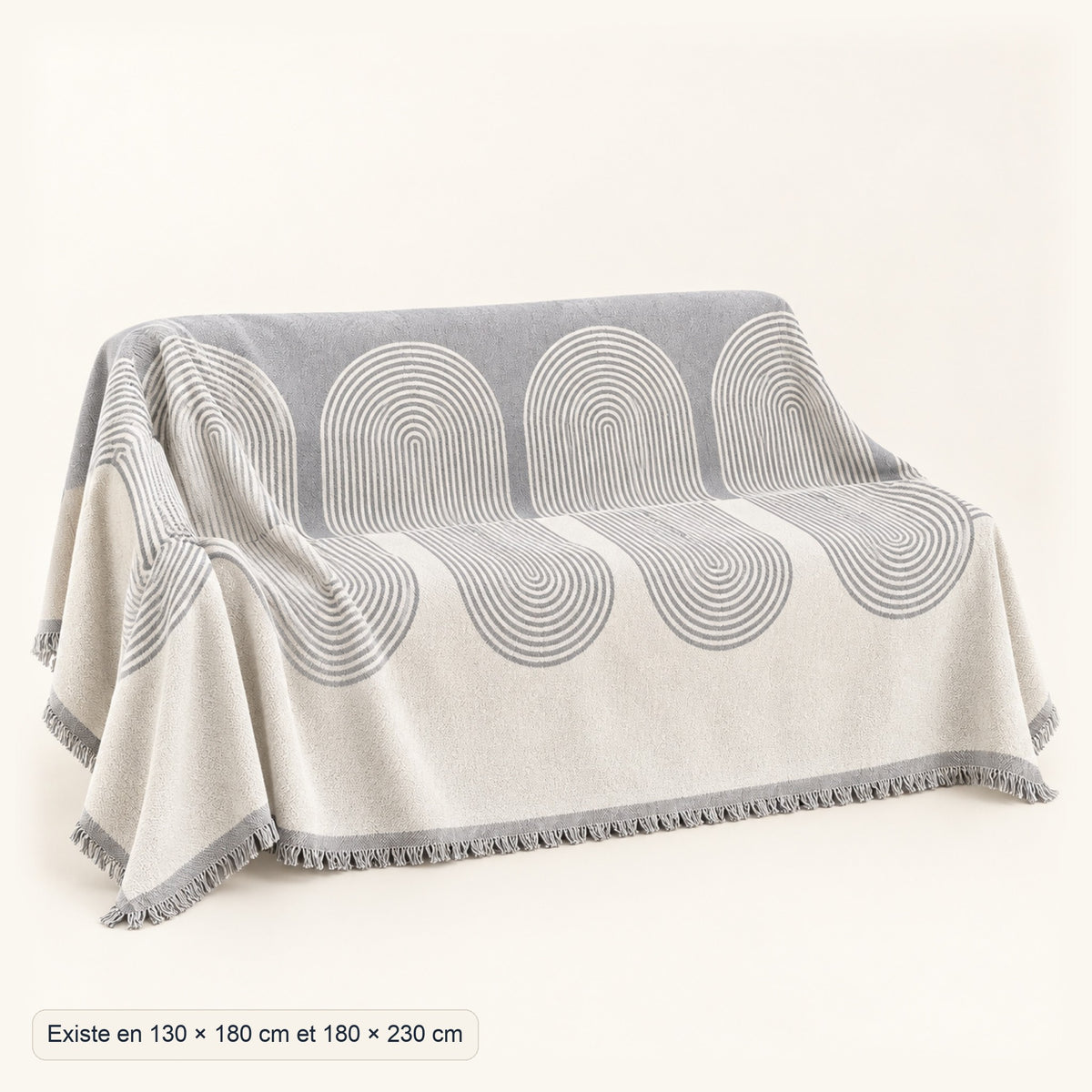 Jeté de canapé jacquard à motif arches et franges, dimensions, coloris Gris