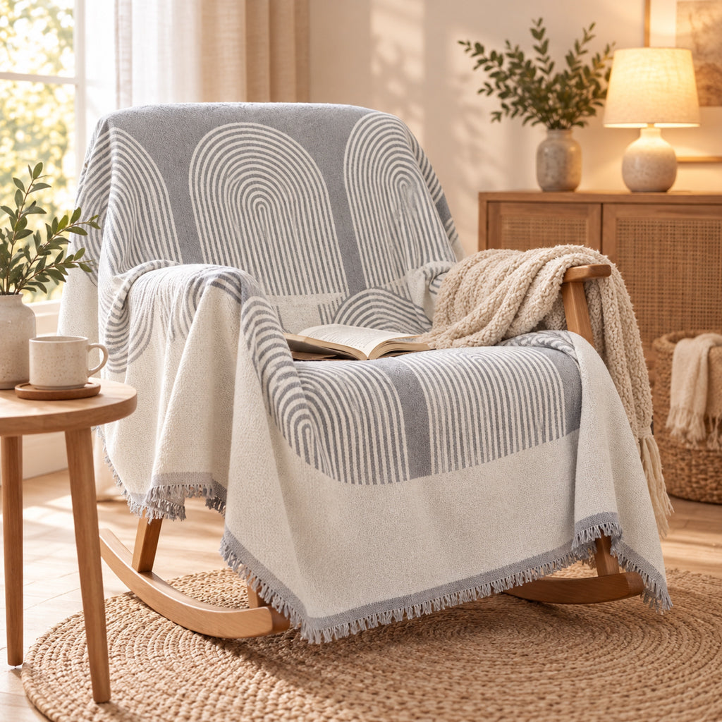 Jeté de canapé jacquard à motif arches et franges, à l'usage, coloris Gris