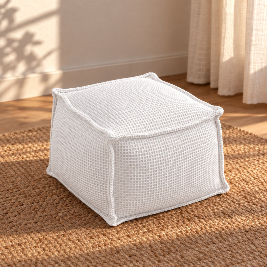 Petit pouf carré en coton gaufré, 30 × 30 cm, coloris Blanc