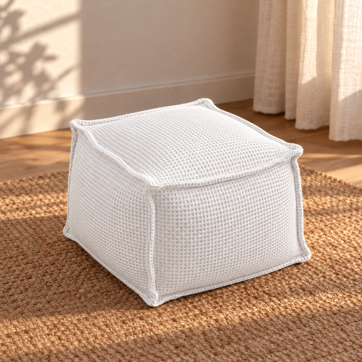 Petit pouf carré en coton gaufré, 30 × 30 cm, coloris Blanc