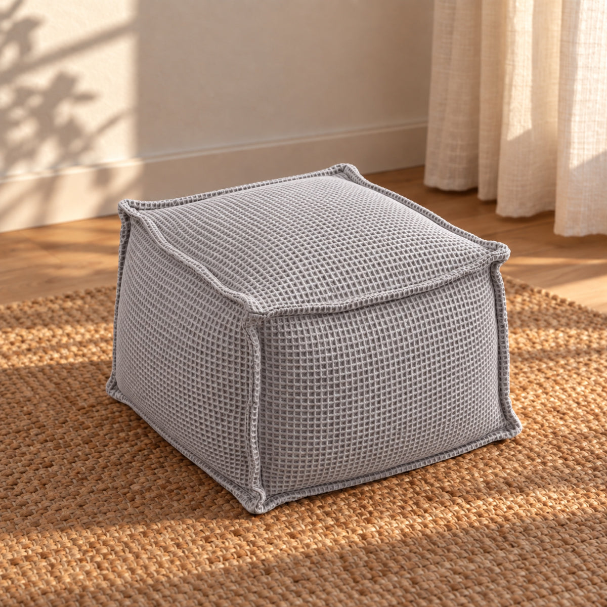 Petit pouf carré en coton gaufré, 30 × 30 cm, coloris Gris perle