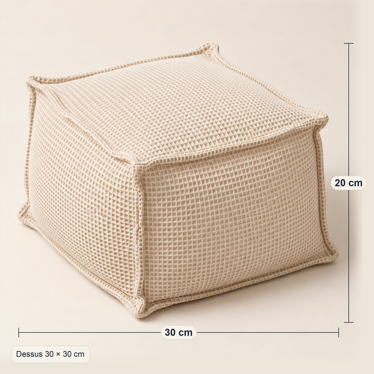Petit pouf carré en coton gaufré, 30 × 30 cm, dimensions, coloris Écru