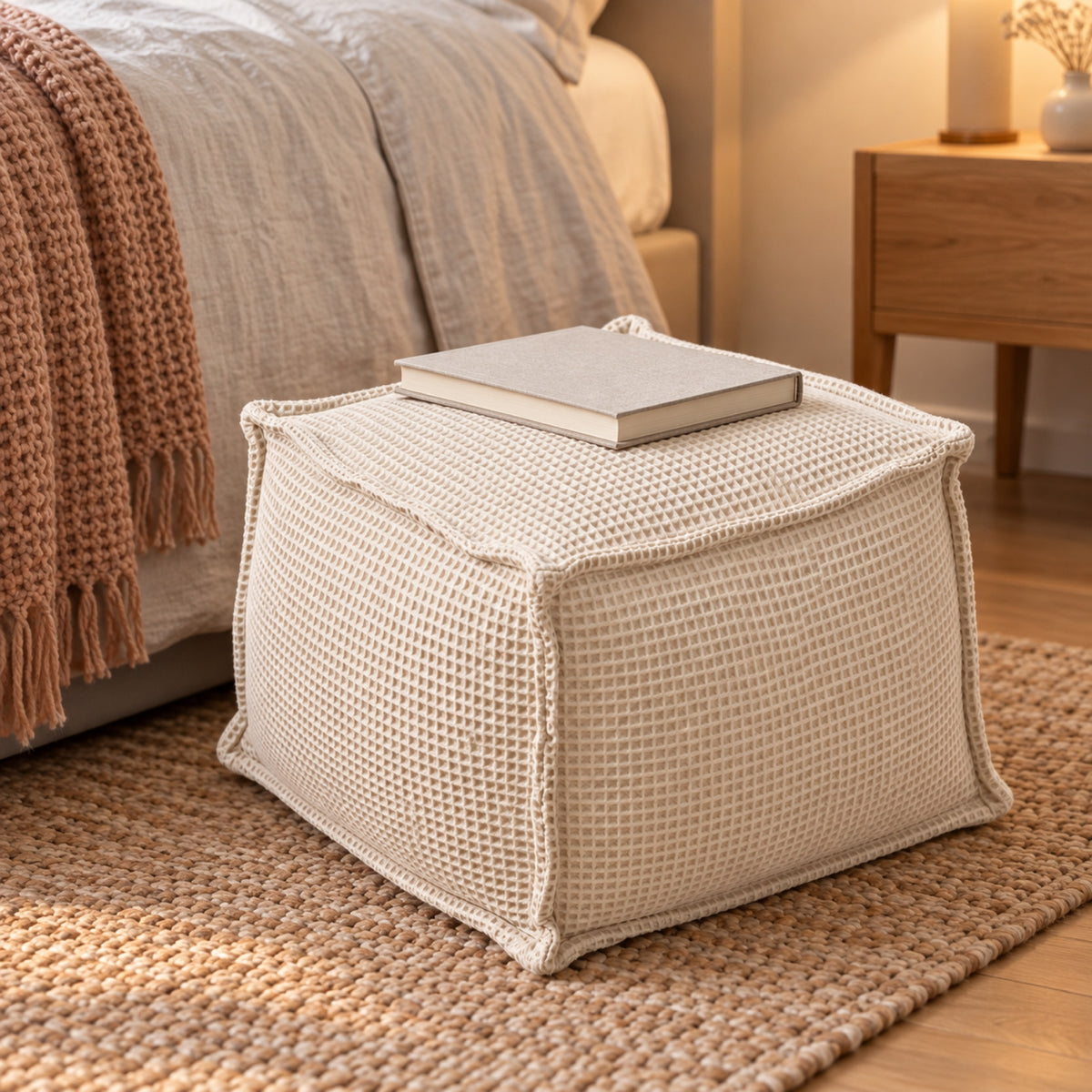 Petit pouf carré en coton gaufré, 30 × 30 cm, mis en situation, coloris Écru