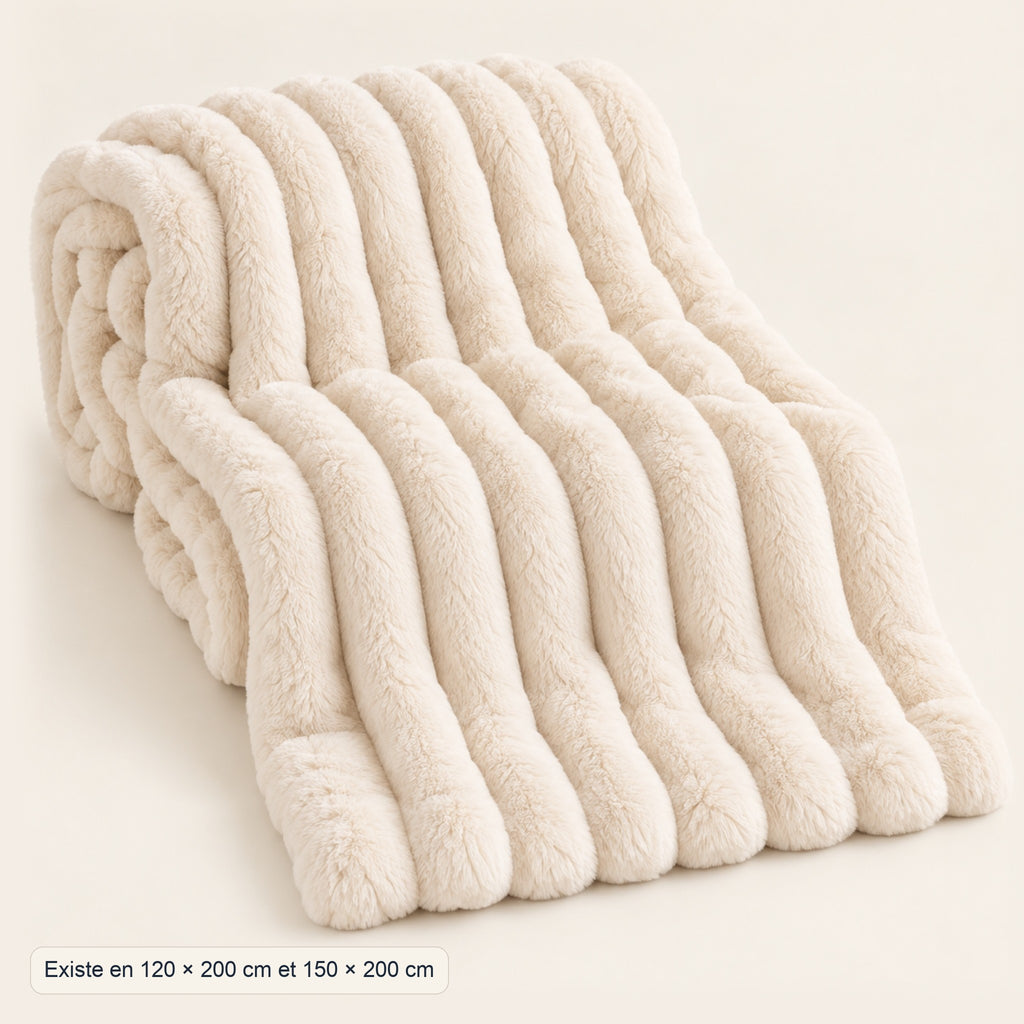 Plaid en fausse fourrure effet lapin, relief nervuré, dimensions, coloris Blanc lait