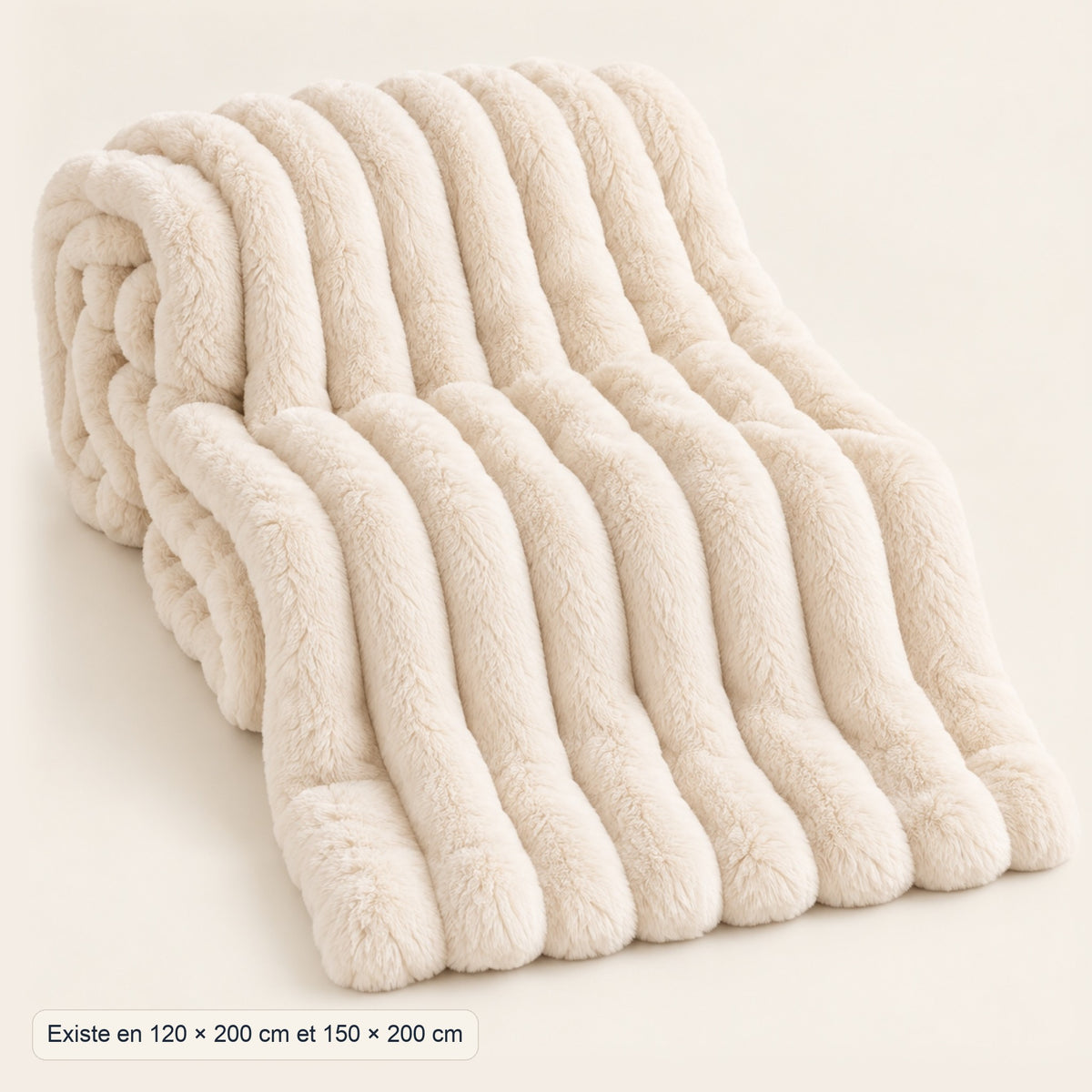 Plaid en fausse fourrure effet lapin, relief nervuré, dimensions, coloris Blanc lait