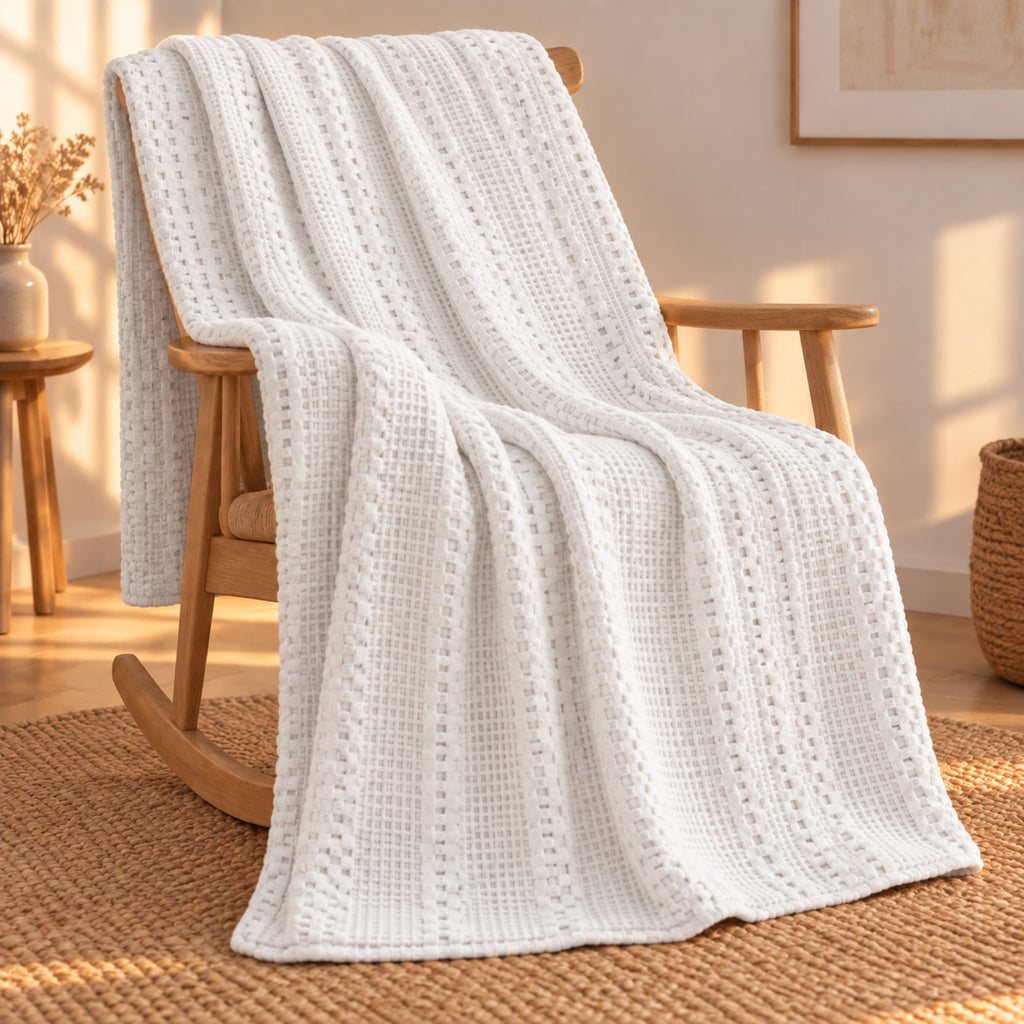 Plaid gaufré en coton, grand format 165 × 230 cm, coloris Blanc