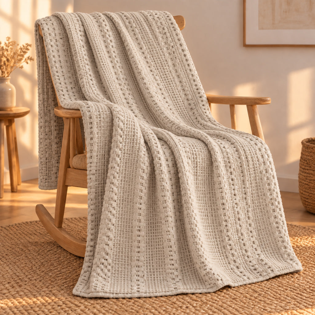 Plaid gaufré en coton, grand format 165 × 230 cm, coloris Sable