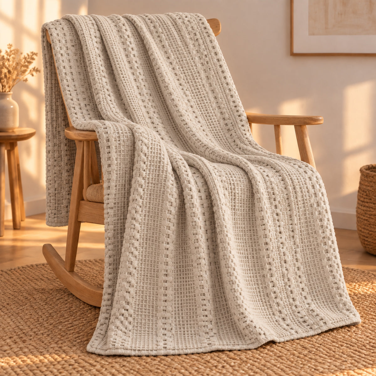 Plaid gaufré en coton, grand format 165 × 230 cm, coloris Sable