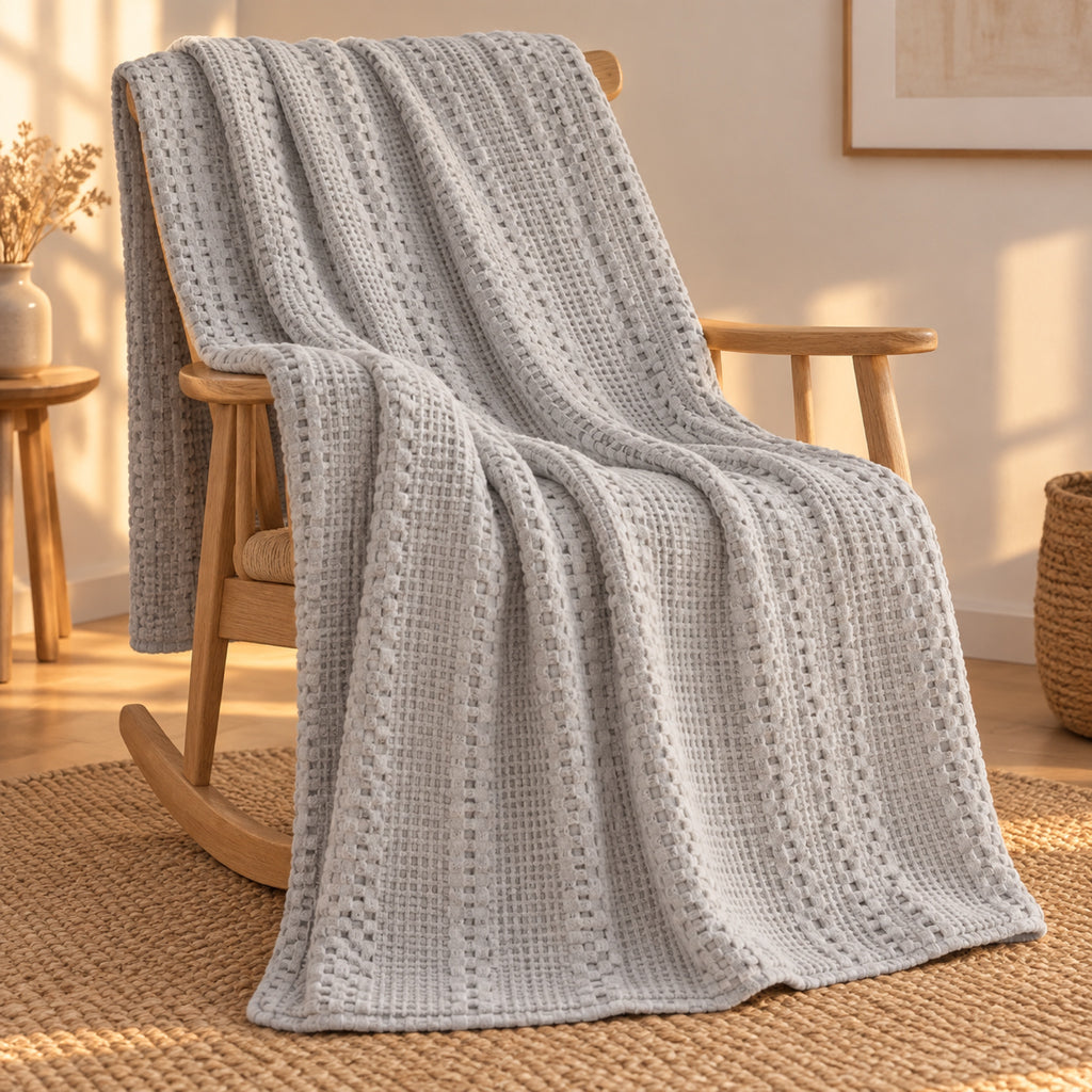 Plaid gaufré en coton, grand format 165 × 230 cm, vue principale, coloris Gris clair