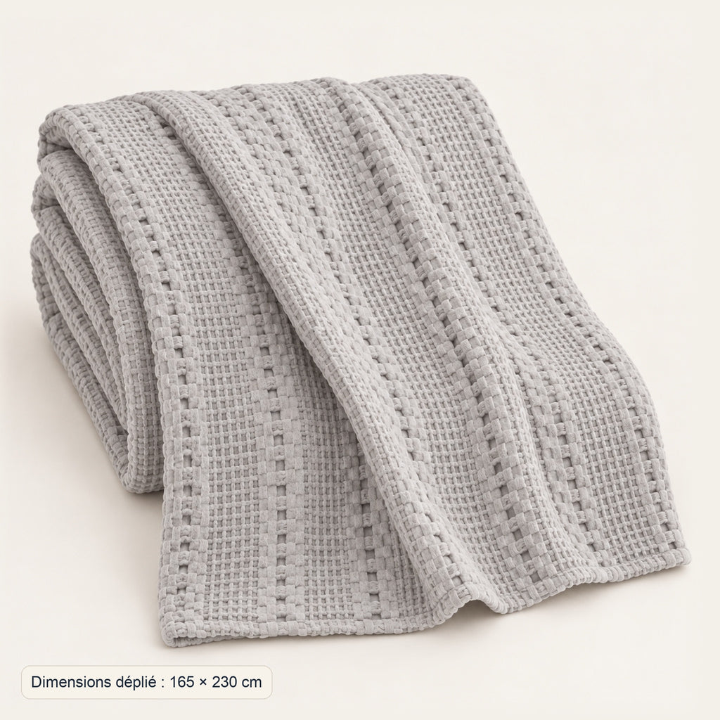 Plaid gaufré en coton, grand format 165 × 230 cm, dimensions, coloris Gris clair