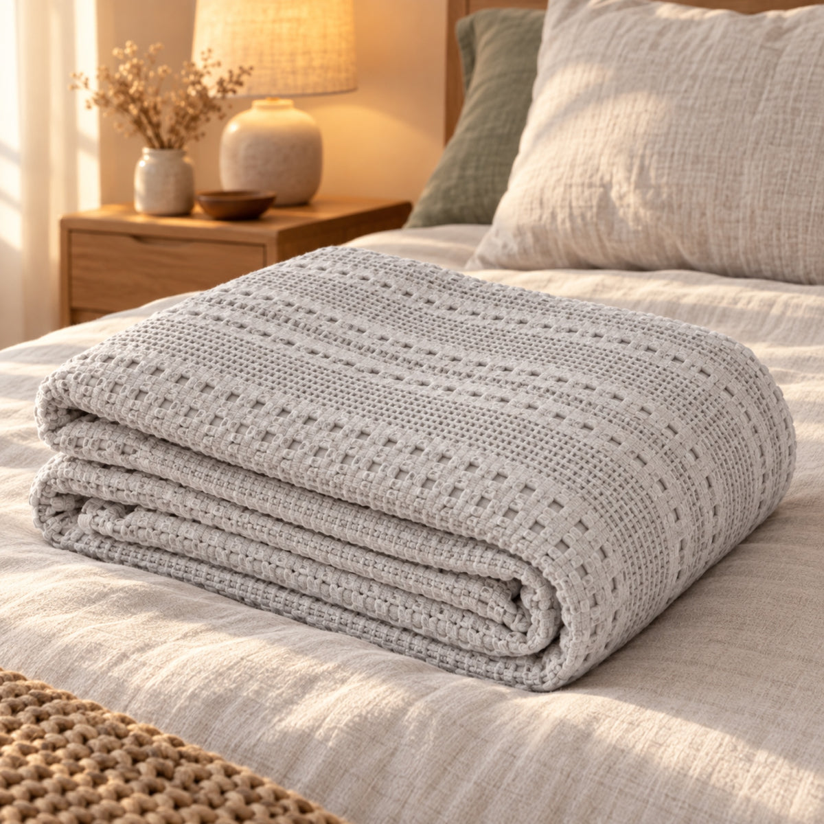 Plaid gaufré en coton, grand format 165 × 230 cm, mis en situation, coloris Gris clair