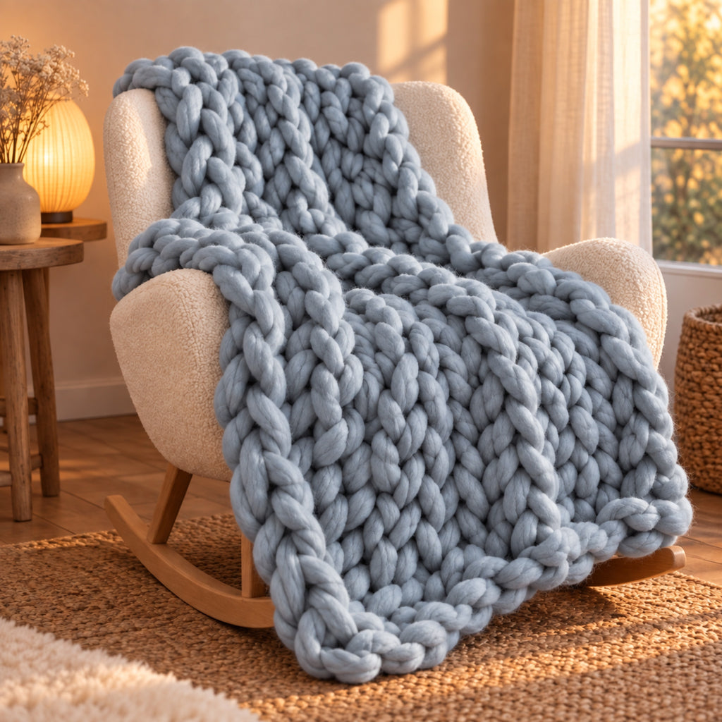 Plaid grosse maille tricoté à la main, coloris Gris bleuté