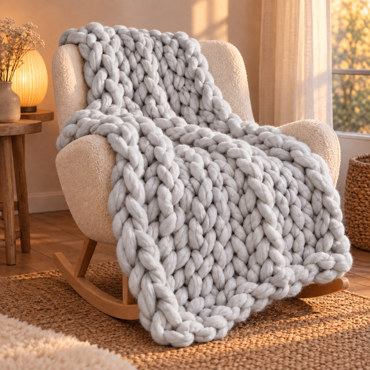 Plaid grosse maille tricoté à la main, coloris Gris perle