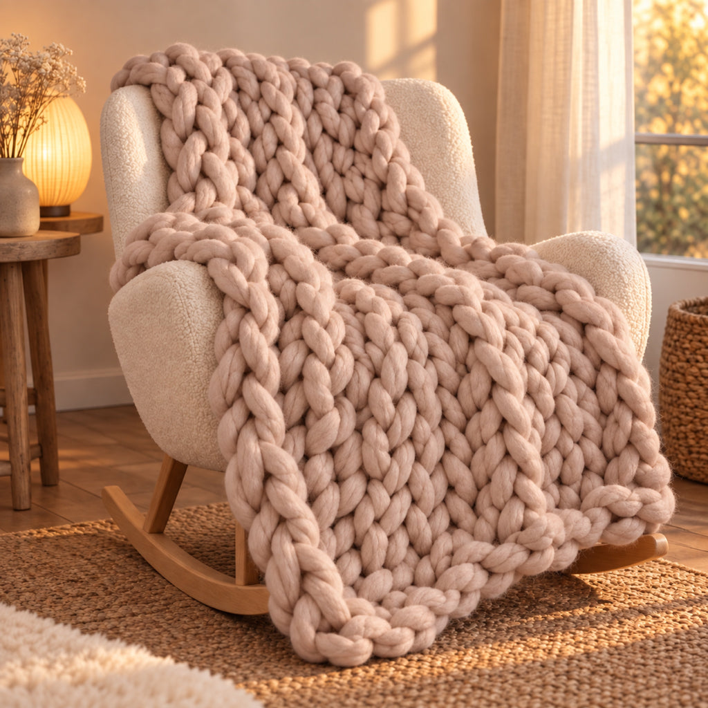 Plaid grosse maille tricoté à la main, coloris Nude