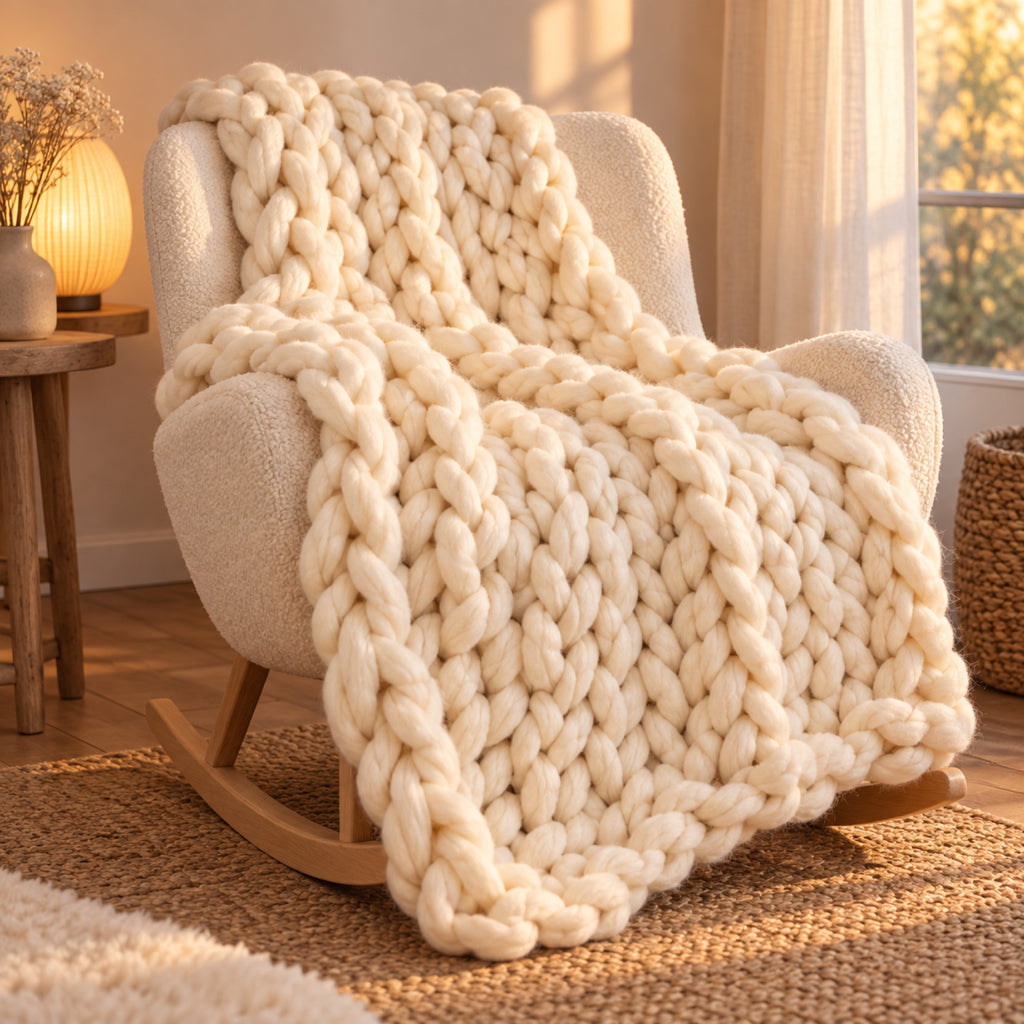 Plaid grosse maille tricoté à la main, vue principale, coloris Crème