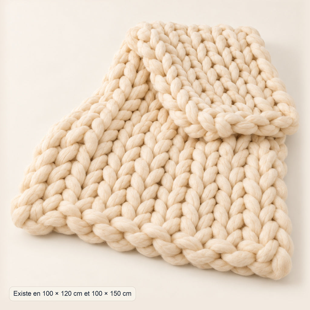 Plaid grosse maille tricoté à la main, dimensions, coloris Crème