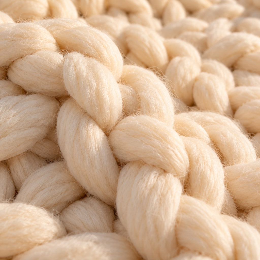 Plaid grosse maille tricoté à la main, gros plan sur la matière, coloris Crème