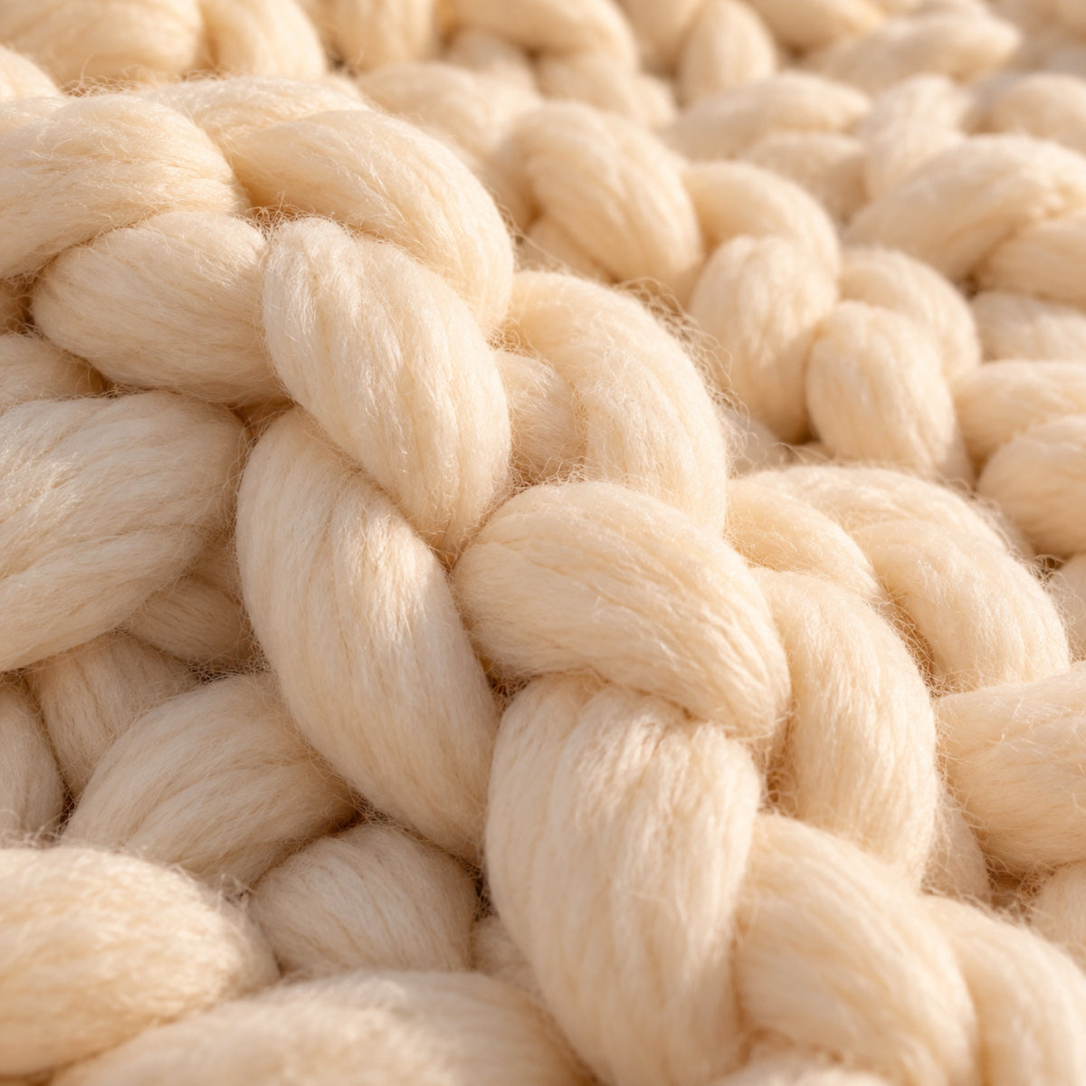 Plaid grosse maille tricoté à la main, gros plan sur la matière, coloris Crème