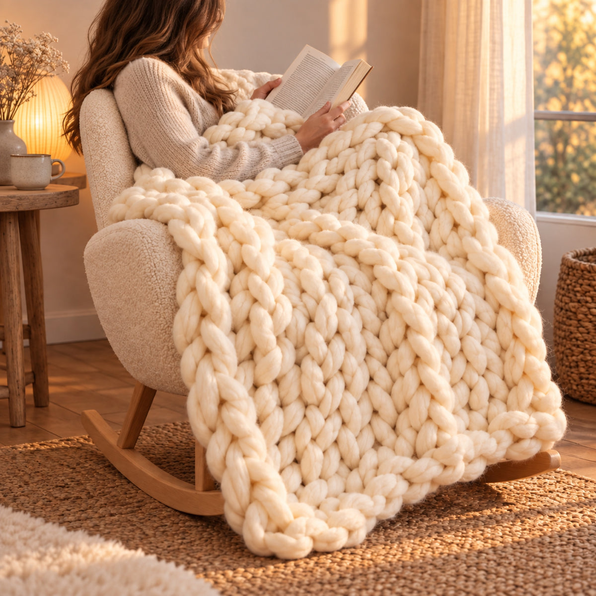Plaid grosse maille tricoté à la main, à l'usage, coloris Crème