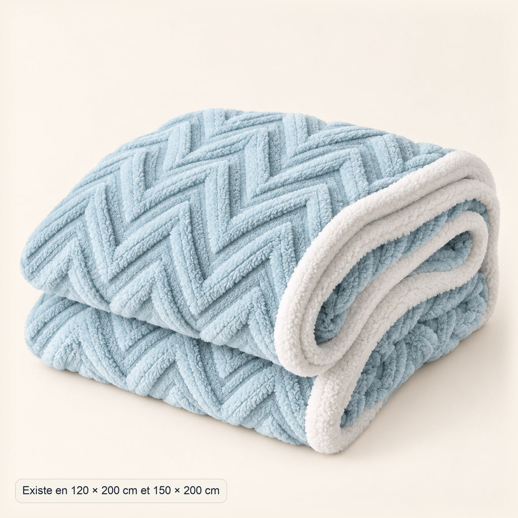 Plaid polaire torsadé doublé sherpa, dimensions, coloris Bleu glacier
