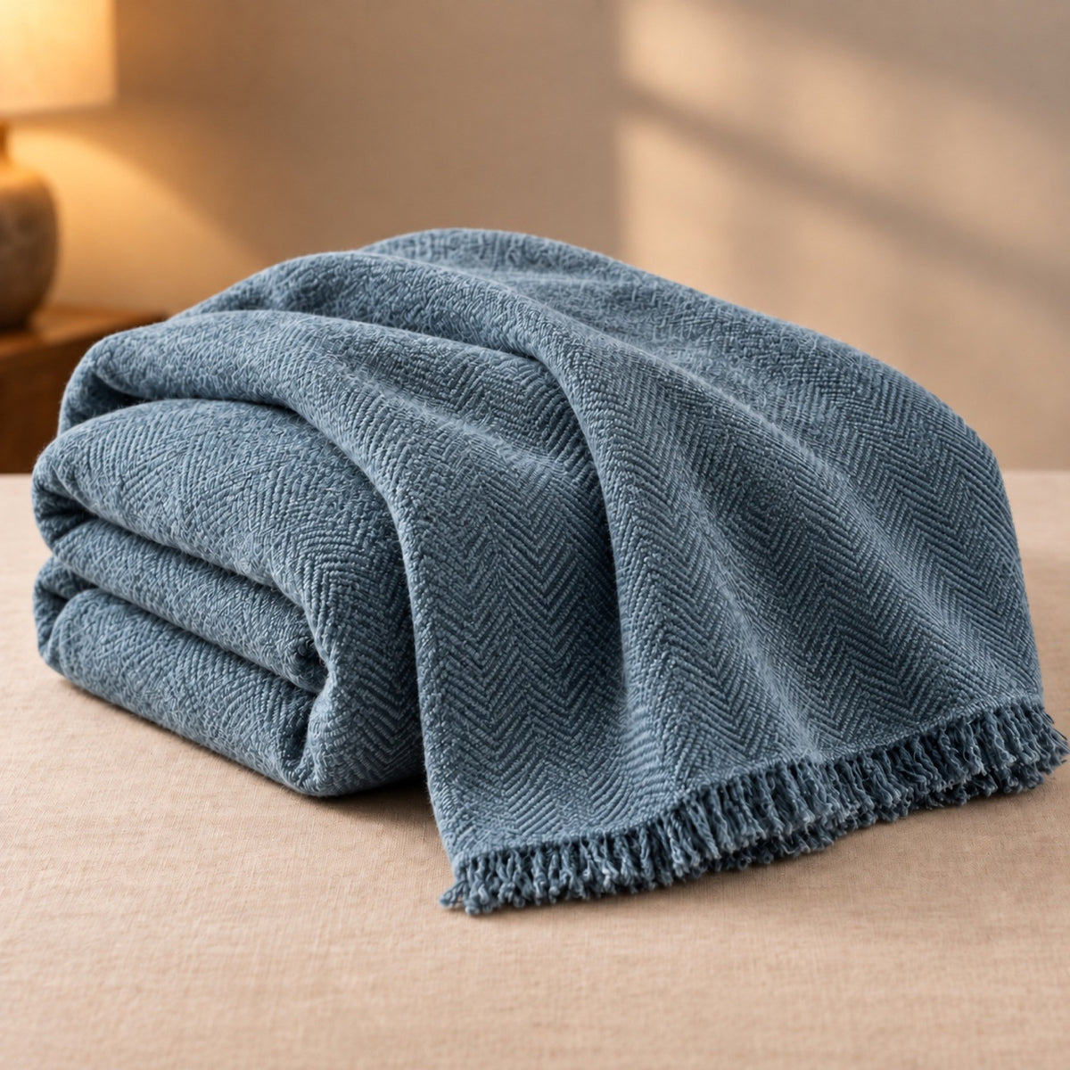 Plaid en chenille pour fauteuil, à franges – coloris bleu