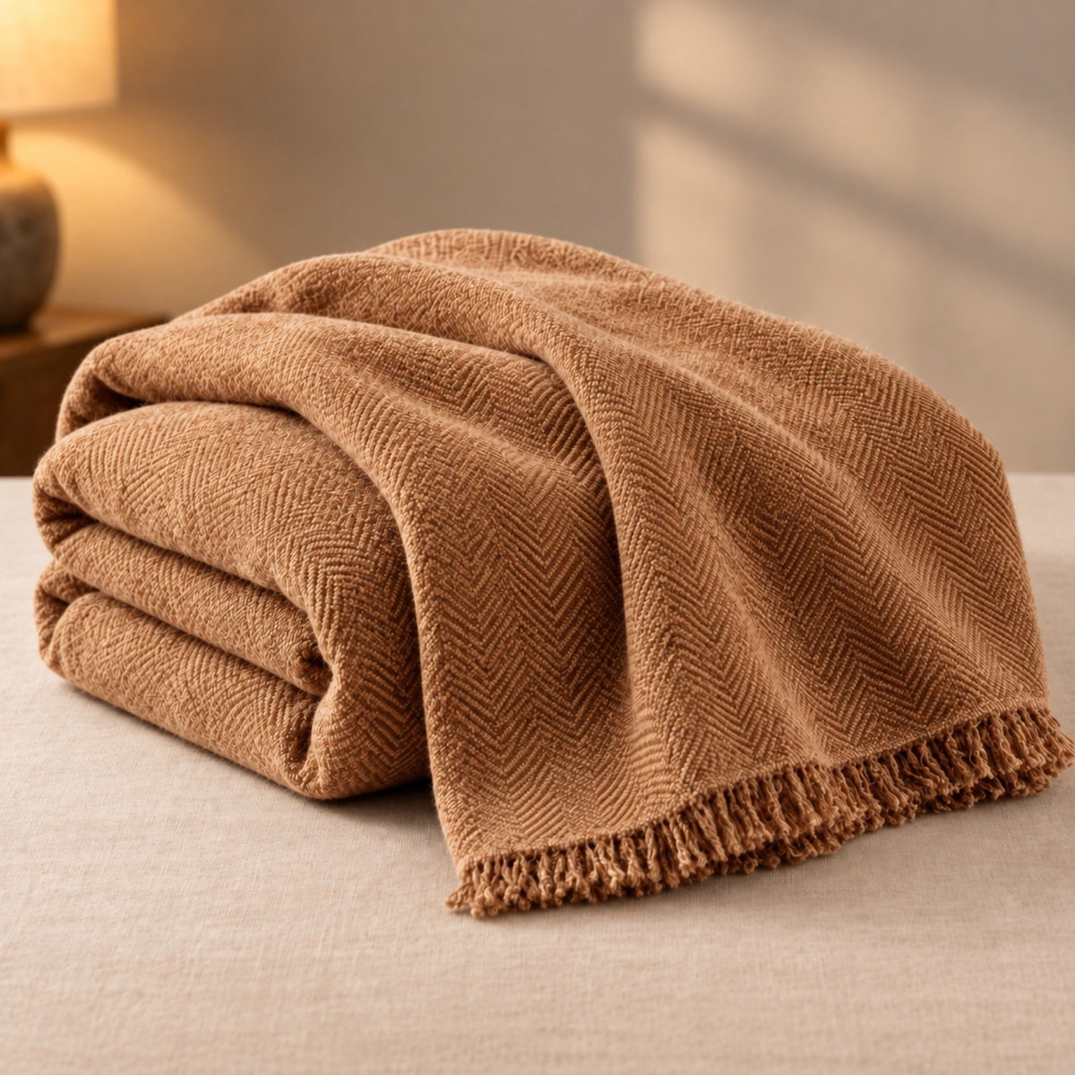 Plaid en chenille pour fauteuil, à franges – coloris caramel