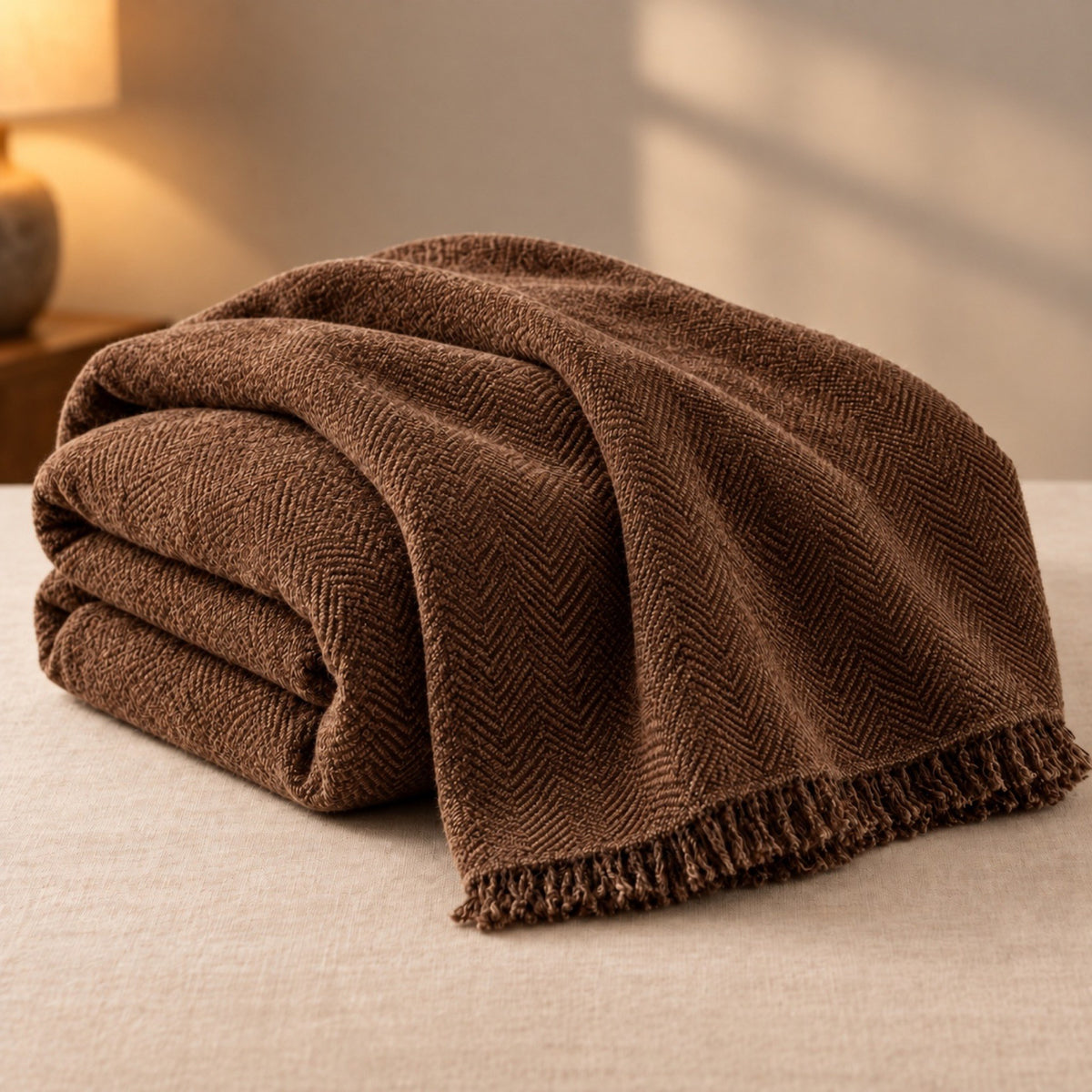Plaid en chenille pour fauteuil, à franges – coloris marron