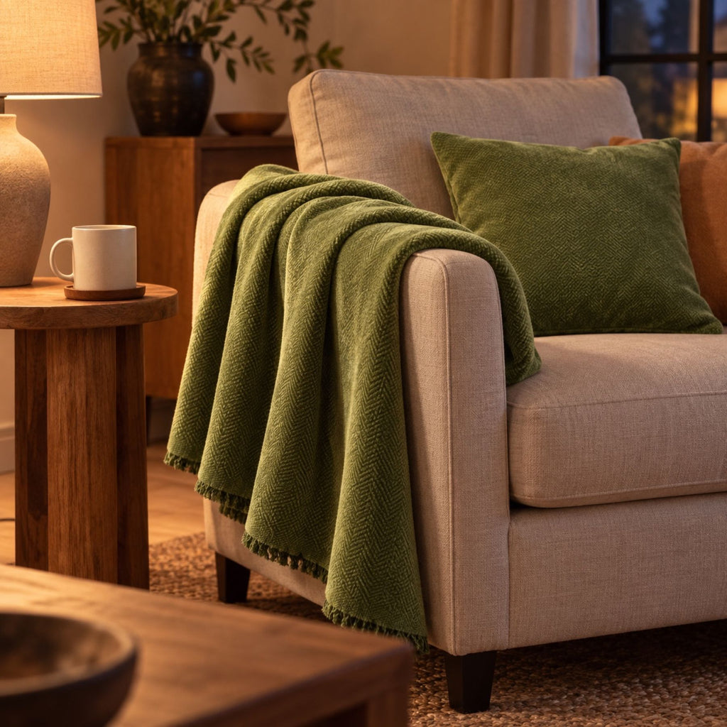Plaid en chenille pour fauteuil, à franges – en situation
