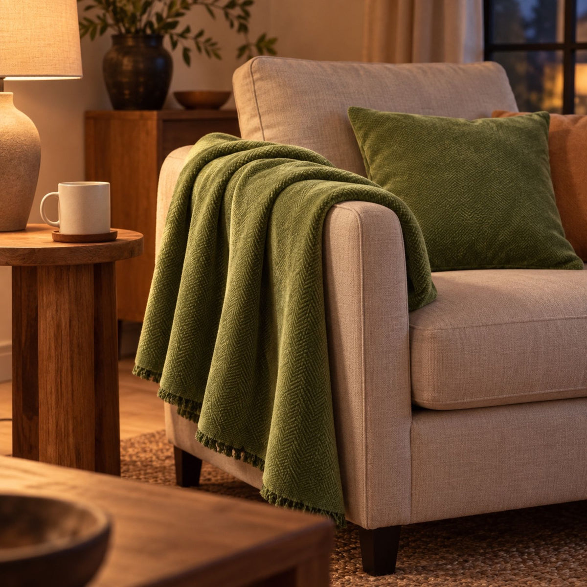 Plaid en chenille pour fauteuil, à franges – en situation