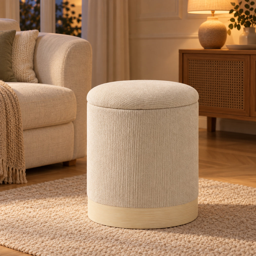 Pouf coffre rond en chenille beige, base effet bois, vue principale