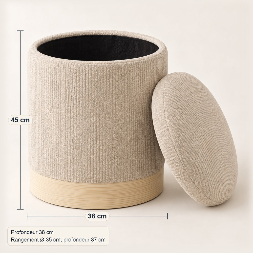 Pouf coffre rond en chenille beige, base effet bois, dimensions