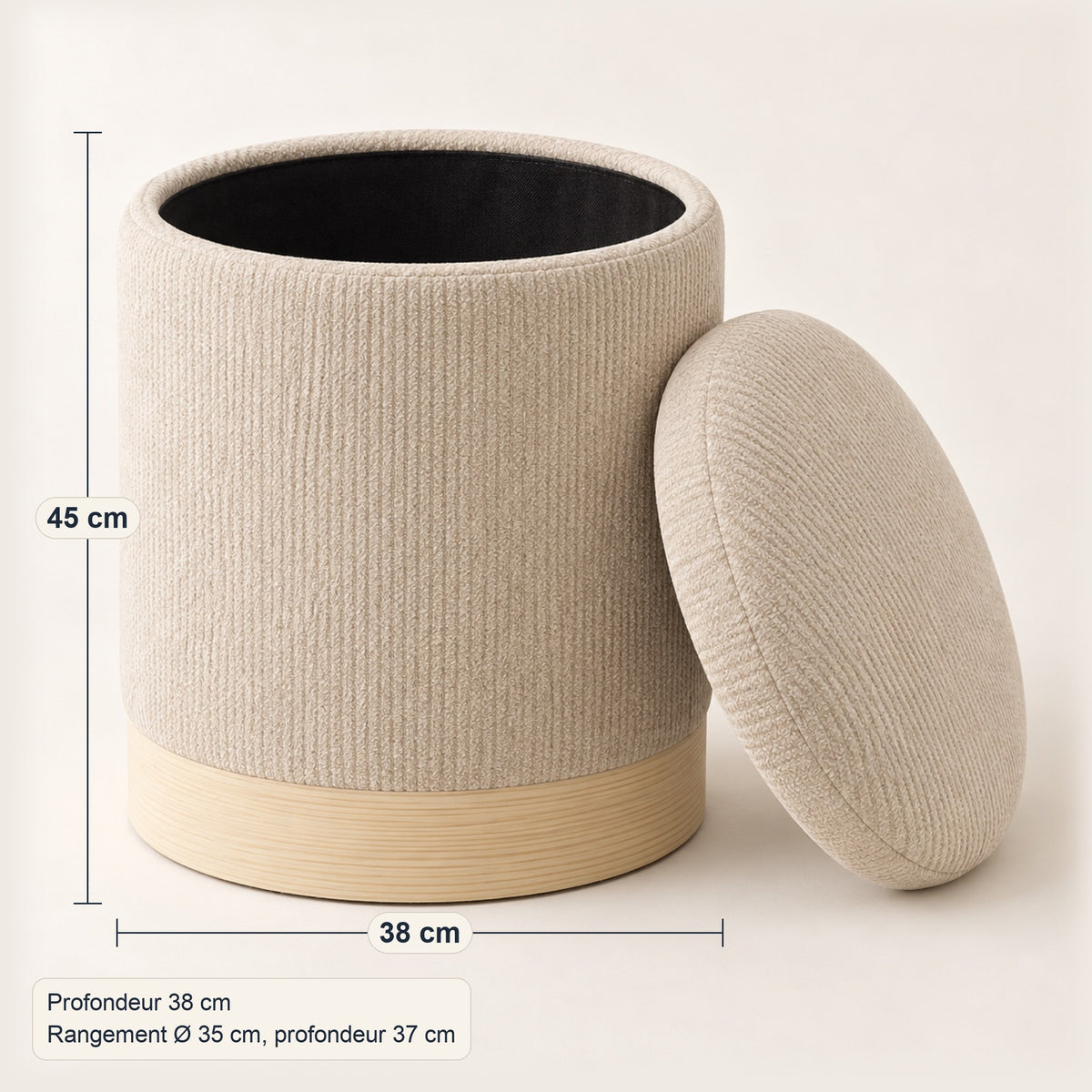 Pouf coffre rond en chenille beige, base effet bois, dimensions