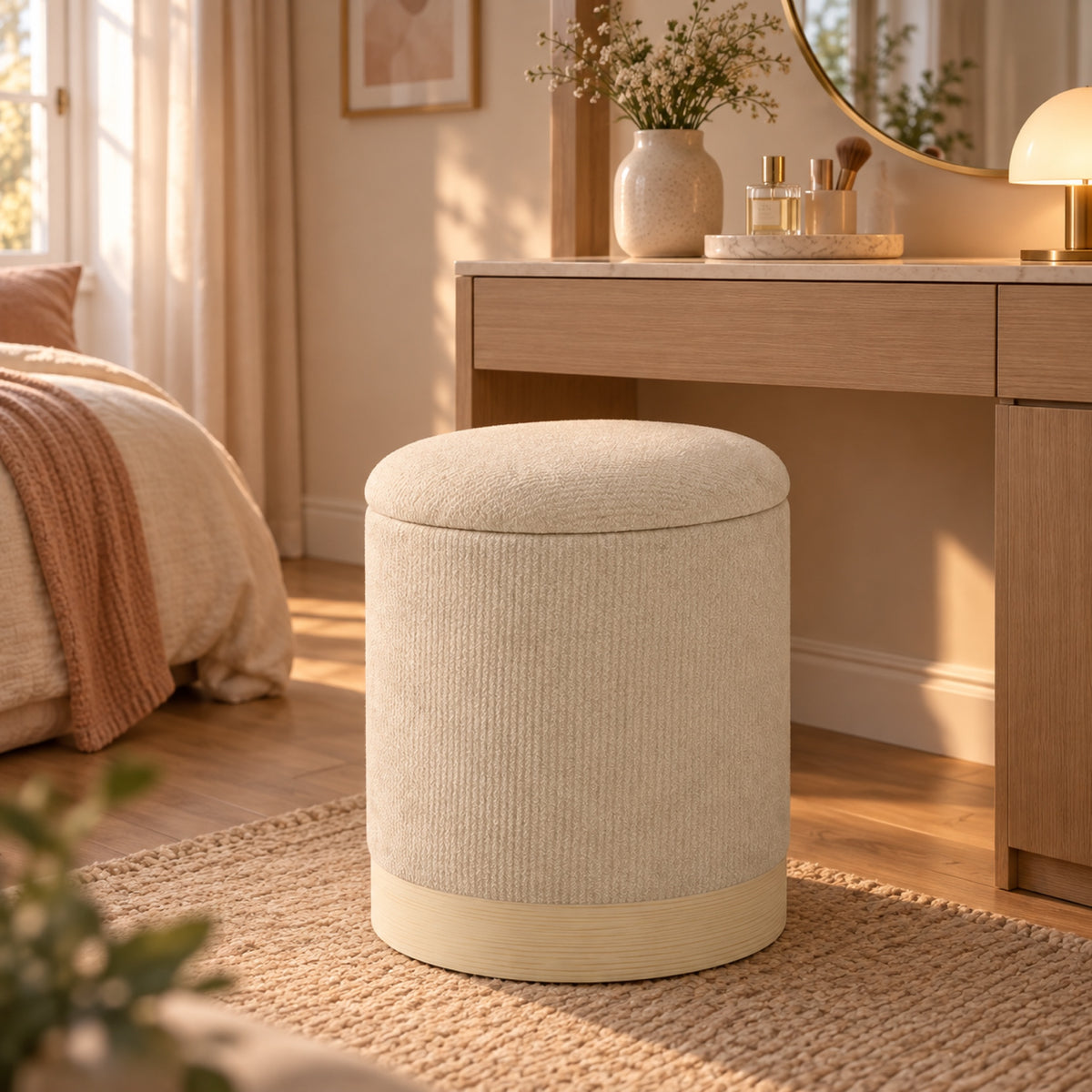 Pouf coffre rond en chenille beige, base effet bois, mis en situation