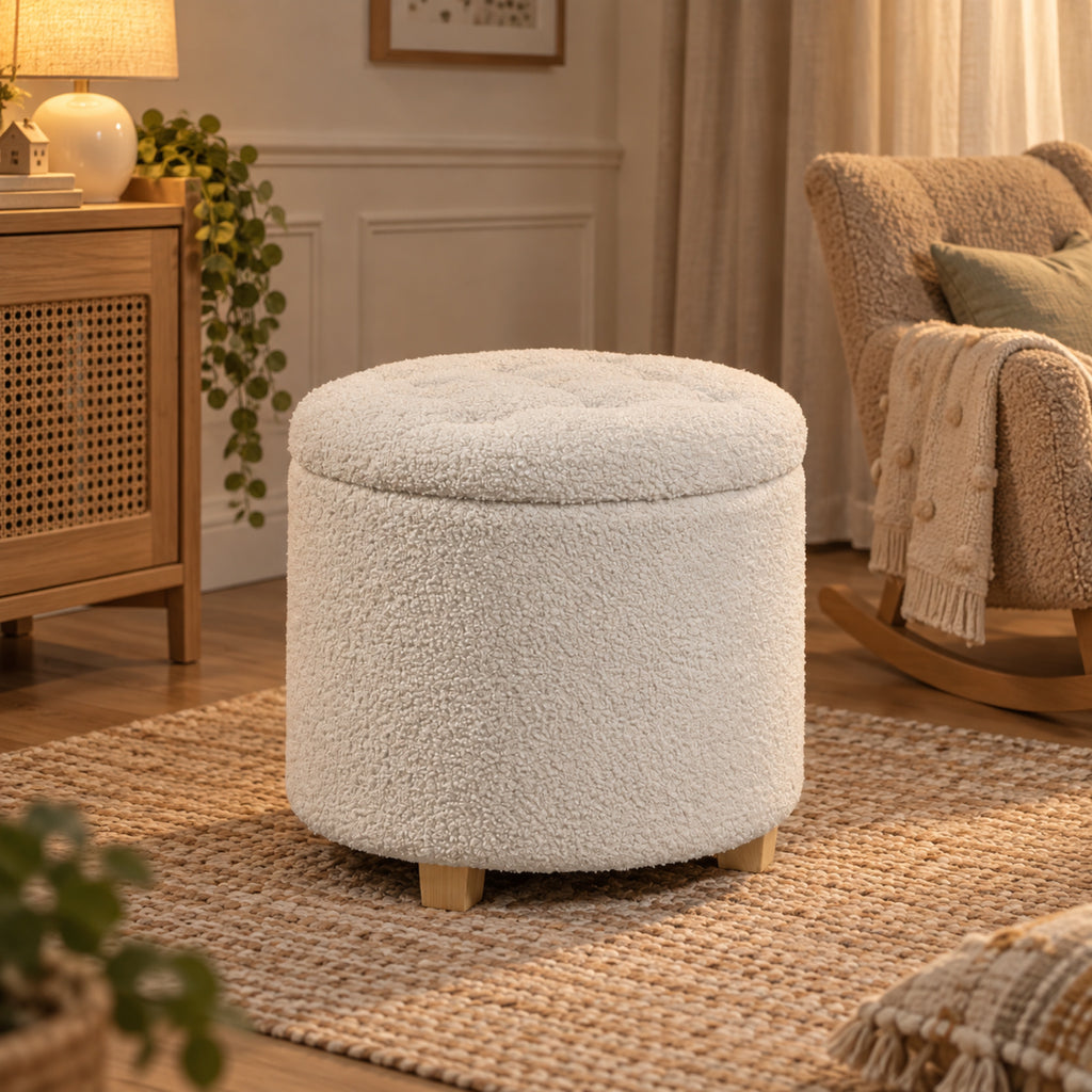 Pouf coffre rond en bouclette blanche, pieds bois, vue principale