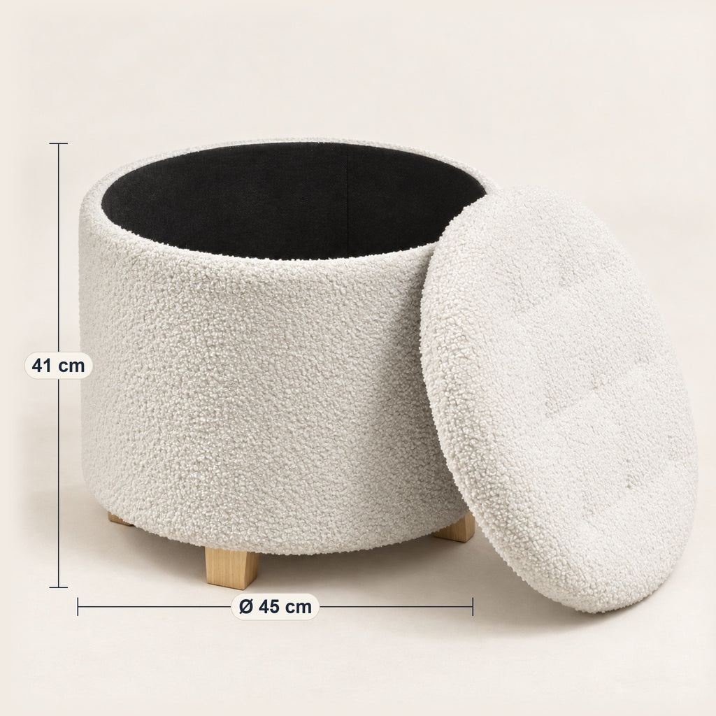 Pouf coffre rond en bouclette blanche, pieds bois, dimensions