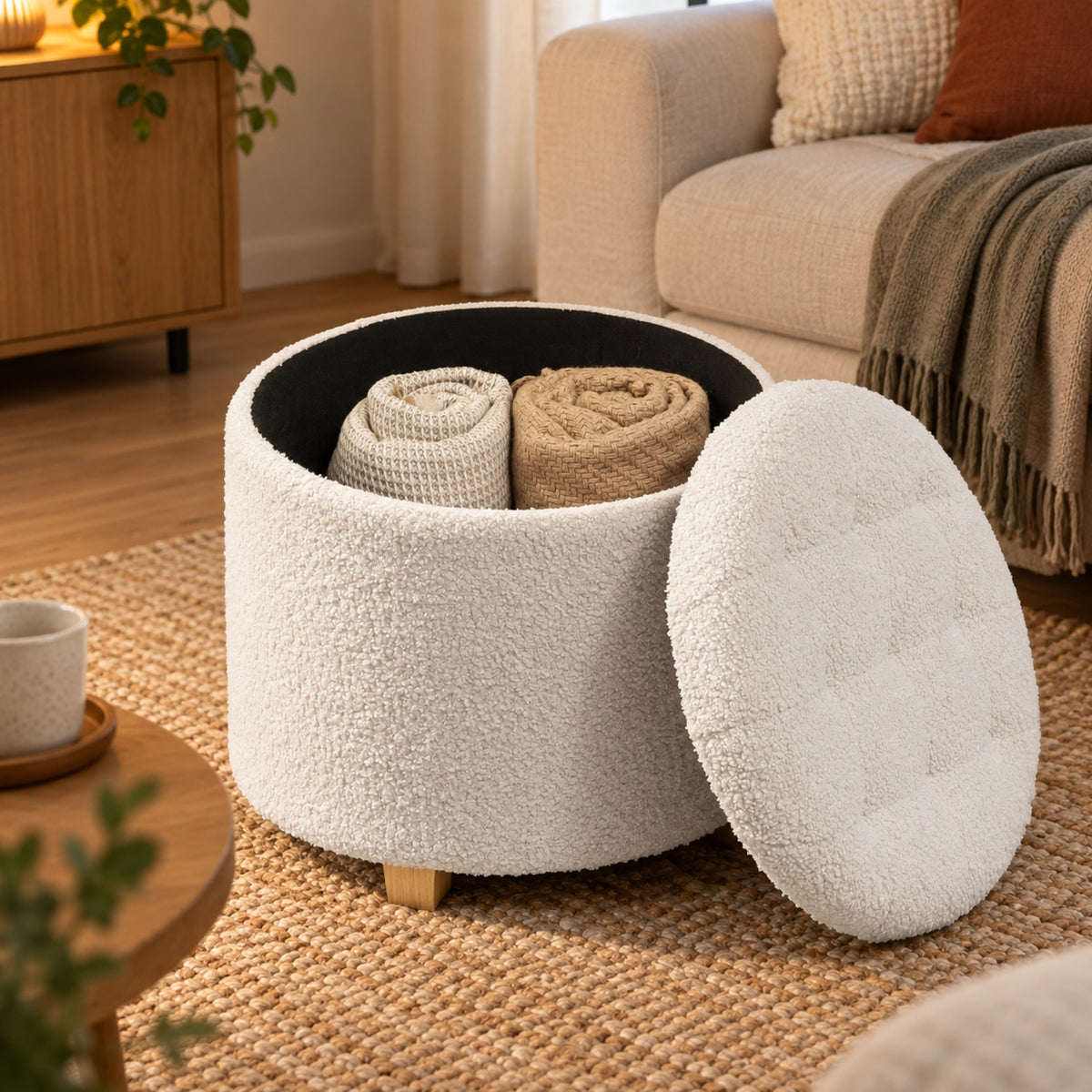 Pouf coffre rond en bouclette blanche, pieds bois, à l'usage