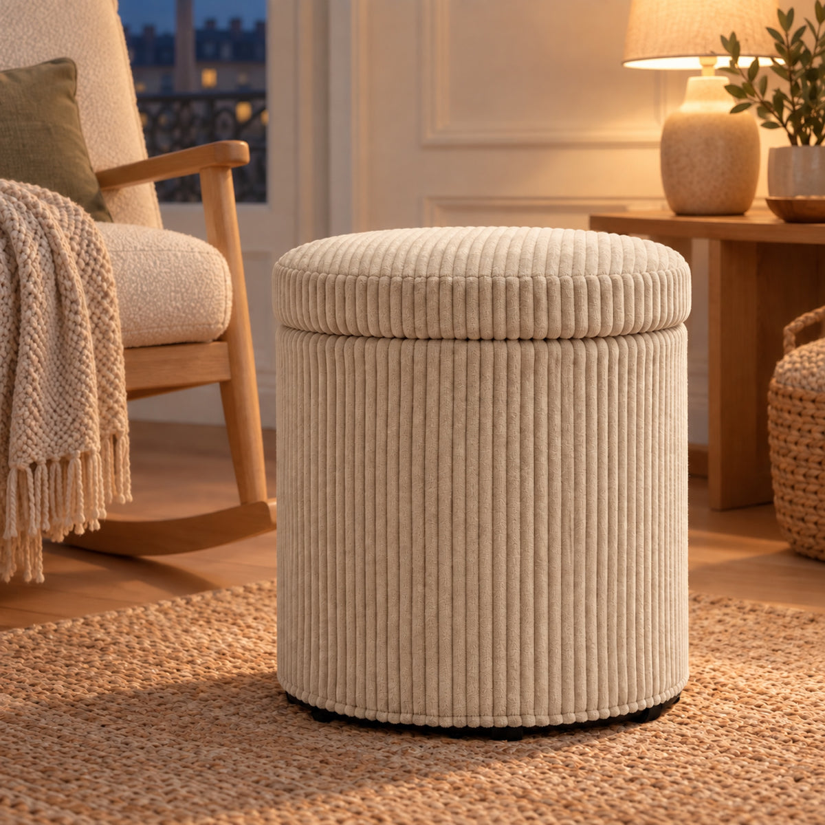 Pouf coffre rond en velours côtelé, 32 L, coloris Beige sable