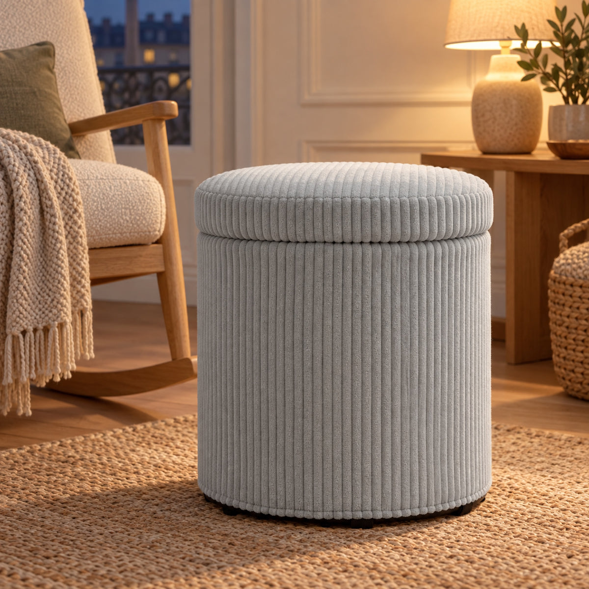 Pouf coffre rond en velours côtelé, 32 L, vue principale, coloris Gris clair