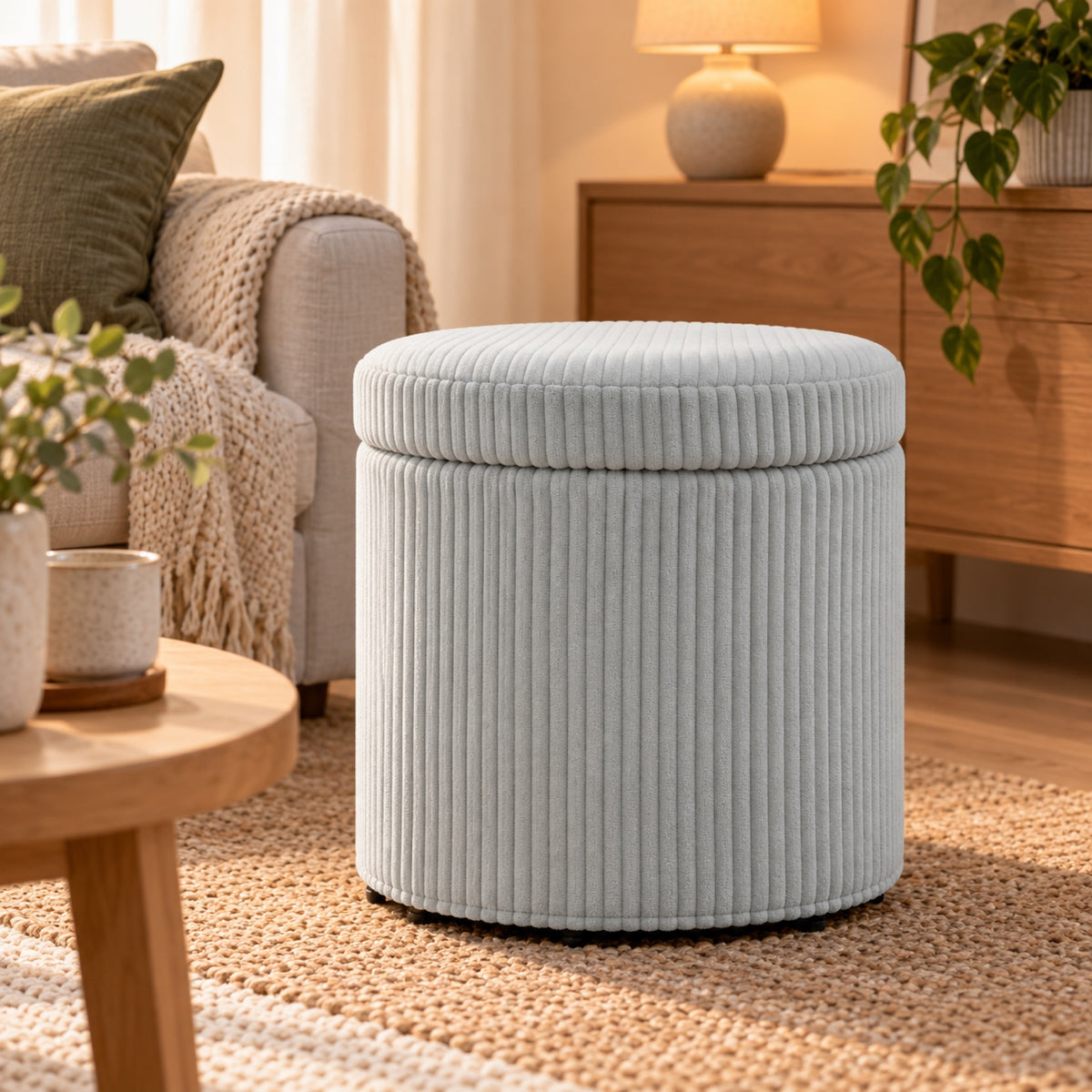 Pouf coffre rond en velours côtelé, 32 L, mis en situation, coloris Gris clair