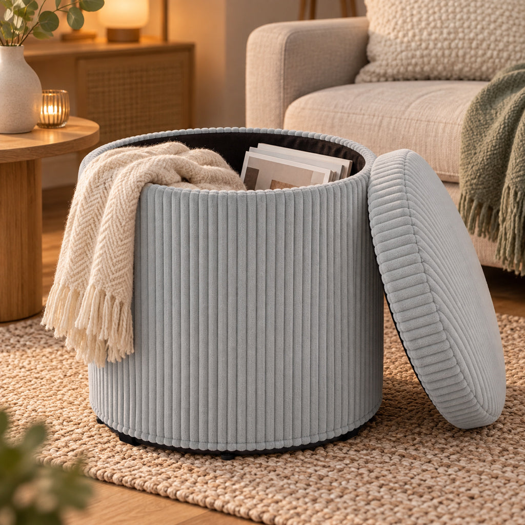 Pouf coffre rond en velours côtelé, 32 L, à l'usage, coloris Gris clair